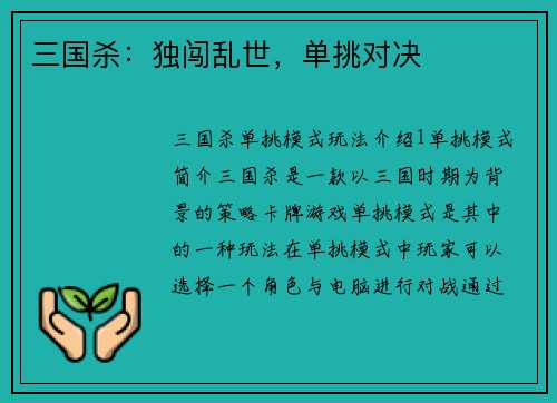 三国杀：独闯乱世，单挑对决